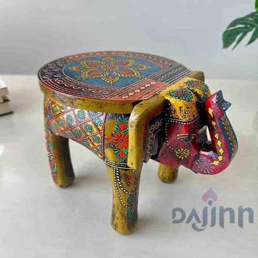 Mehendi Green Handpainted Wooden Elephant Stool