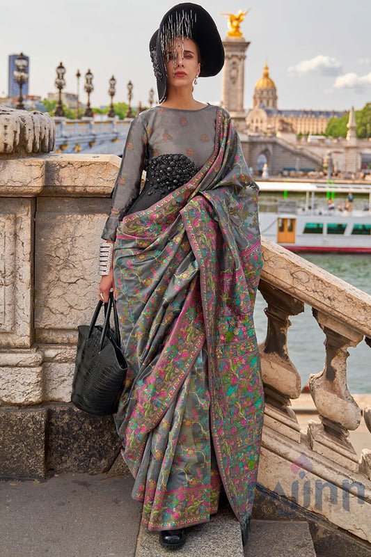 Friar Grey Kashmiri Organza Silk Saree