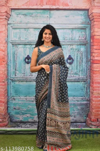 Navy Blue Chiffon Saree with Golden Border