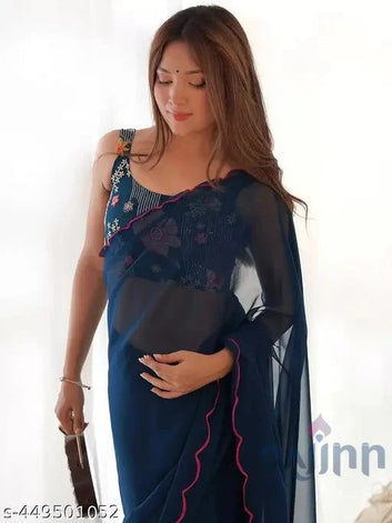 Blue Satin Saree with Golden Border Design